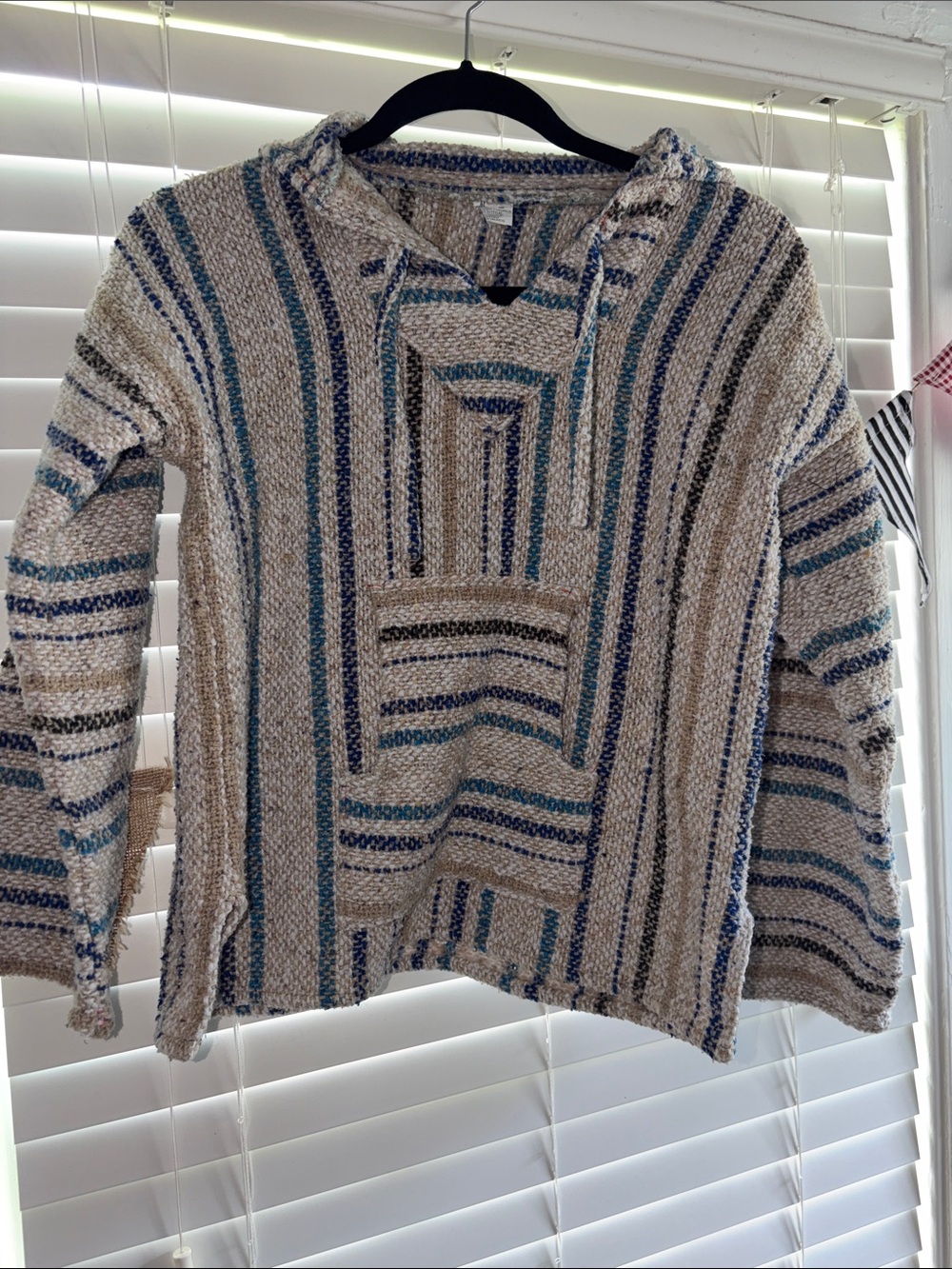 Striped Woven Baja Hoodie in Cream and Blue small